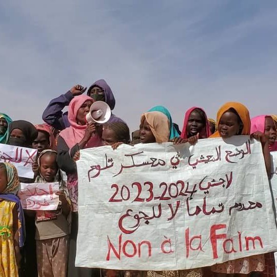 “A group of women and children at Touloum refugee camp holding a protest banner in Arabic and French denouncing food shortages and poor living conditions during 2023–2024.”